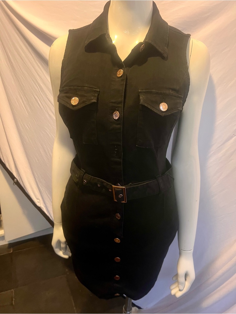 GUESS Black Denim Button-Front Belted Mini Dress M